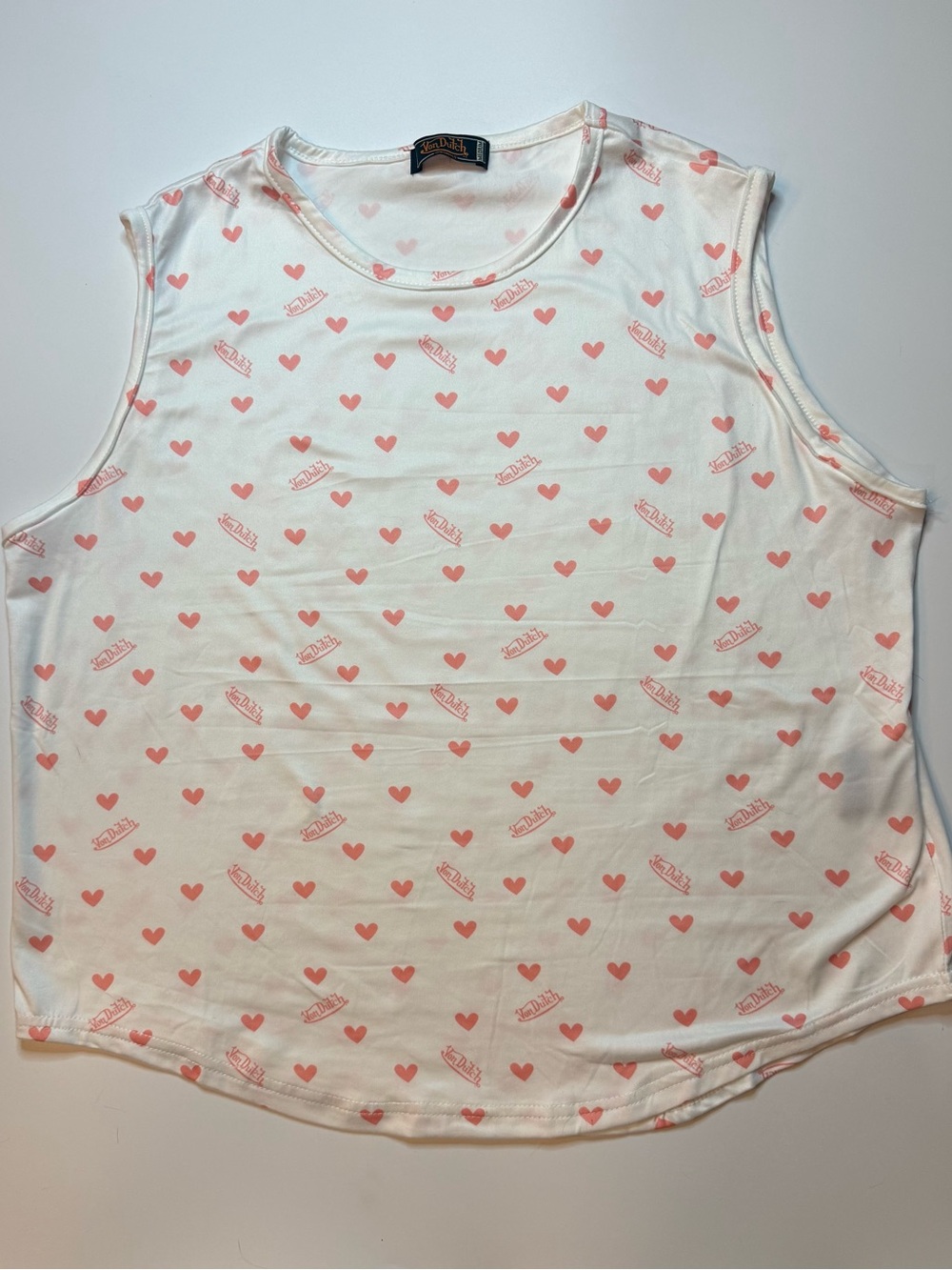 Von Dutch Originals Heart Logo Print Sleeveless Tank Top White Pink Medium Y2K